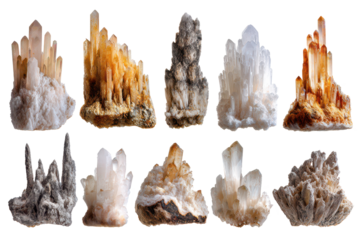 set of various crystals and rocks isolated on white or transparent png