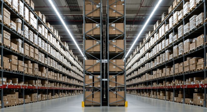 Vast Warehouse Aisle with Tall Shelves Stacked with Cardboard Boxes