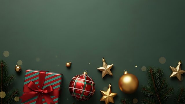 Festive christmas decorations including a red and green striped gift box with a red ribbon golden baubles and star ornaments arranged on a dark green background with subtle bokeh lights