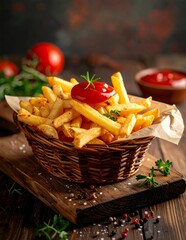 Golden French Fries with Ketchup in a Woven Basket on a Rustic Wooden Board.