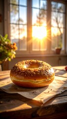 Golden Hour Bagel - A Warm Morning Delight on a Rustic Wooden Table with Sunlight Streaming Through the Window.