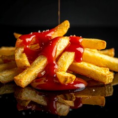 Golden French Fries with Ketchup and Salt on a Dark Background.