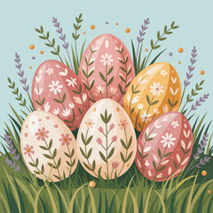 A beautiful arrangement of decorated Easter eggs nestled in vibrant green grass, showcasing detailed floral patterns, capturing the essence of spring and festive celebrations.