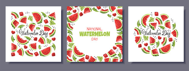 Square Watermelon Day Banner Set in Flat Design. Greeting Cards, Invitations, Menu Templates for Fruit-Themed Events. Cover with watermelon slices for Summer Party, Farmers Markets, Cultural Festival