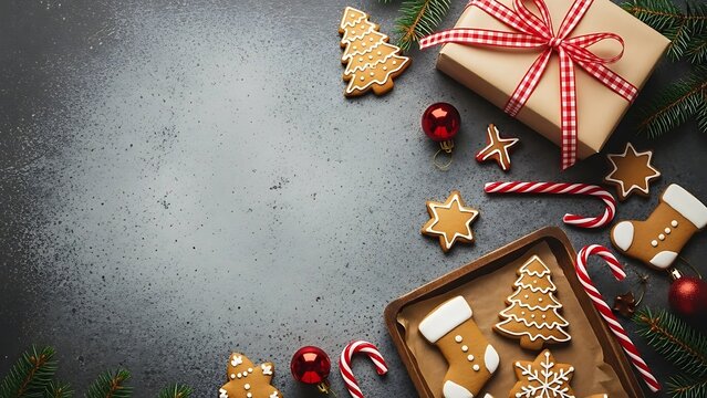 Festive christmas scene with gingerbread cookies a wrapped gift candy canes and evergreen branches arranged on a dark textured background perfect for holiday greetings and decorations