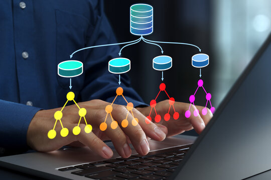 Random forest regression and classification models. Data analysis with machine learning. Data scientist using laptop computer for ensemble learning.