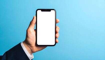 Hand holding a modern smartphone with a blank white screen against a vibrant blue background.