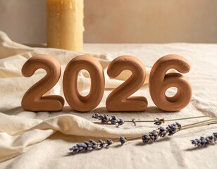 Close-up, AI-generated image of the year 2026 sculpted from warm terracotta clay, resting on beige linen. A minimalist New Year concept emphasizing cozy textures, natural materials, and soft lighting 