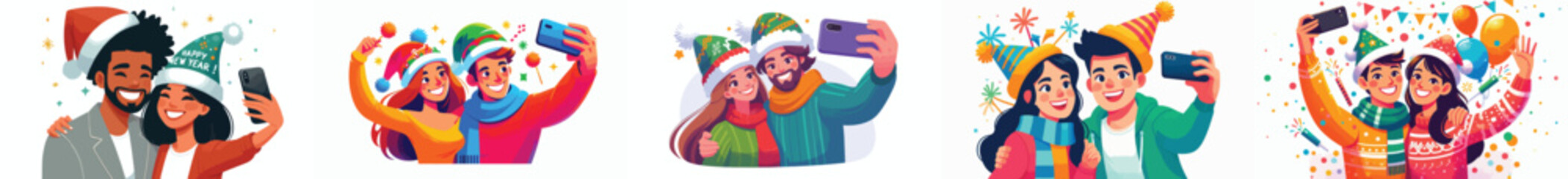 vector landscape of couple taking selfies together celebrating the new year