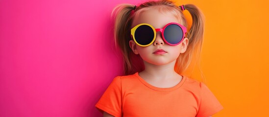 A young girl with blonde pigtails wears oversized, colorful sunglasses against a vibrant pink and orange background.  She has a serious expression