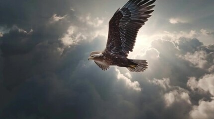 Inspiring Wildlife: Eagle Soaring Against the Cloudy Sky, Drone Perspective: Majestic Bird in Flight Over Remote Peaks