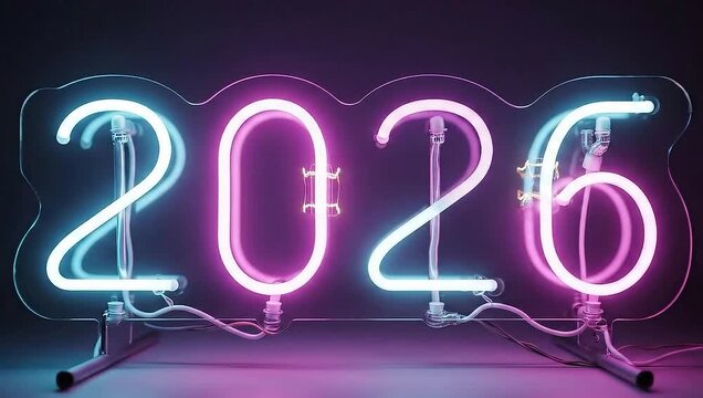 暗い背景に浮かぶネオン調の2026の数字 Neon 2026 Sign Glowing in the Dark