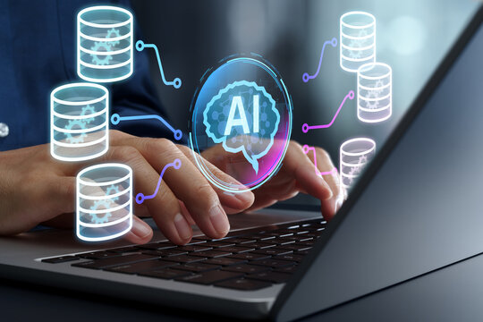 AI-powered data mining and analytics. Machine learning–driven pattern discovery solution. Businessperson using laptop computer to analyze big data.