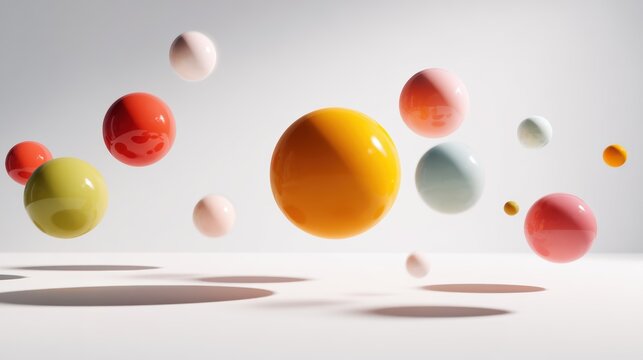 Floating spheres of various sizes and colors suspended in a light space. - Powered by Adobe