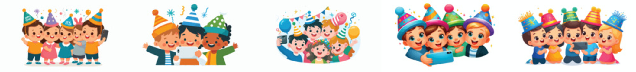 vector of children taking selfies together celebrating the new year