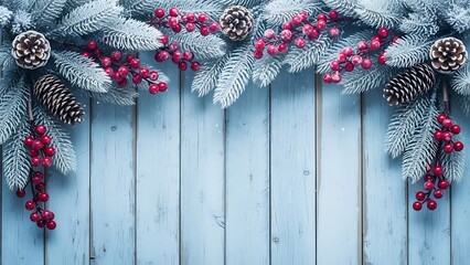 Festive winter garland of frosted fir branches with red berries and pinecones draped across a rustic pale blue wooden background creating a cozy holiday greeting card or backdrop