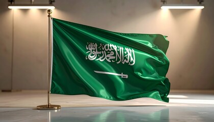 Saudi Arabia Flag Waving Proudly in a Spotlighted Indoor Setting, Symbolizing National Identity and Heritage.
