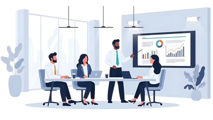 Corporate leader presenting financial data and analytics on a large screen to colleagues in a conference room meeting