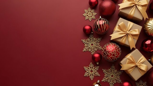 Elegant flat lay of golden gift boxes and red baubles arranged on a rich burgundy background with sparkling snowflake ornaments for a luxurious christmas celebration