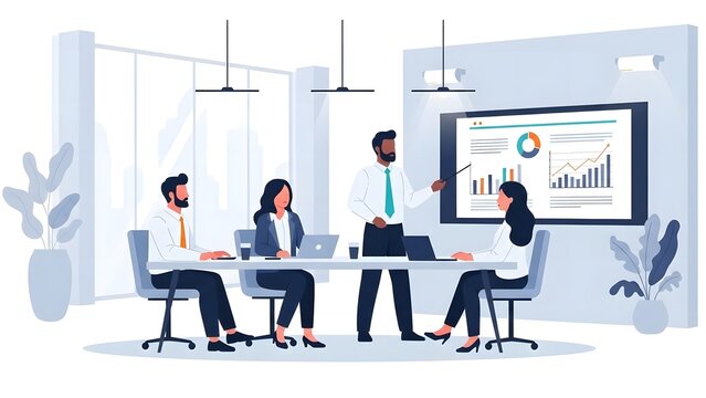 Corporate leader presenting financial data and analytics on a large screen to colleagues in a conference room meeting