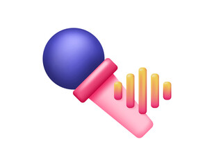 Karaoke concept. Voice recorder app or music studio. Illustration of a microphone and sound waves. Sound, music, song. 3D style design. White background.