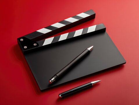 A black  white clapboard with 2 pens on a deep red background
