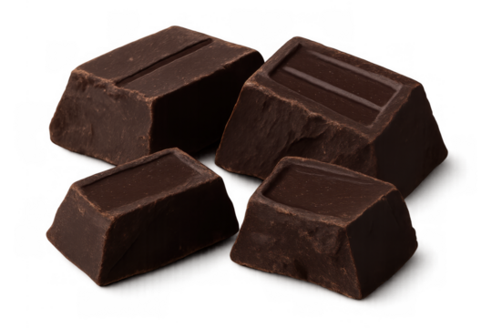 Dark chocolate chunks breaking apart, rich cocoa flavor for baking and sweet desserts on transparent background