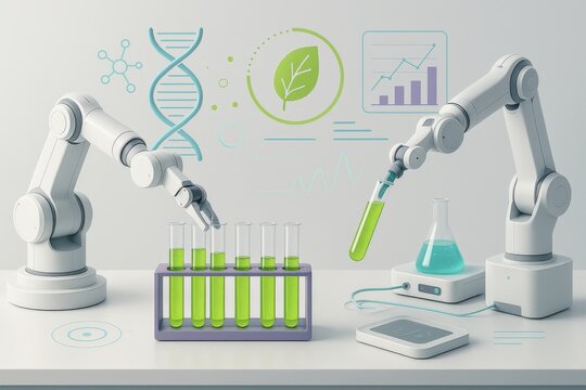 Innovative robotic arms conducting biochemistry experiments in a modern laboratory with green solutions demonstrating the convergence of technology and life sciences