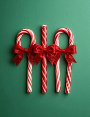 Three candy canes with red bows on a green background, festive holiday treats.
