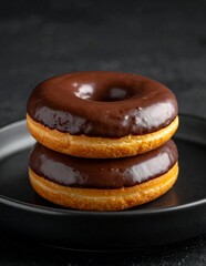 Two delicious chocolate glazed donuts stacked on a dark plate, ready to be enjoyed.