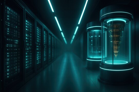 Futuristic data storage facility featuring transparent chamber with advanced technology in ambient blue lighting illuminating digital landscape and collective data identity through innovative