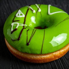 Vibrant Green Glazed Donut with Chocolate Drizzle on Dark Wood.