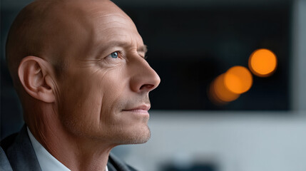 Side view of mature bald businessman with blue eyes in suit, thoughtful expression, indoor office background, warm lighting