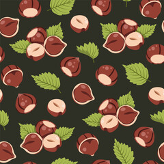 Hazelnuts with Leaves Seamless Pattern Flat Vector. Forest Nut Texture for Food Packaging, Cafe Branding, Menu Design. Repeat Background for Wallpaper, Textile, Wrapping Paper. Natural Autumn Style
