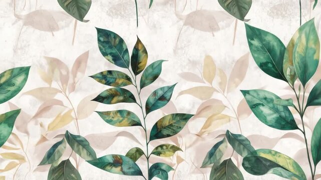 A watercolor-style floral pattern featuring green and yellow leaves with beige background