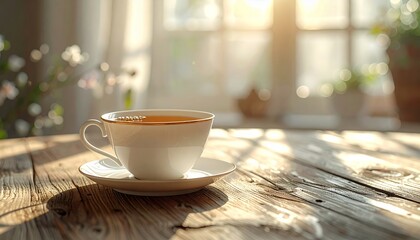Warm morning light illuminates a cup of coffee on a rustic wooden table, creating a serene and inviting atmosphere.