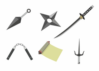 A set of ninja weapon illustrations including kunai, shuriken, katana, nunchaku, sai, and scroll. Ideal for martial arts themes, gaming assets, and Japanese culture © AzkXarul