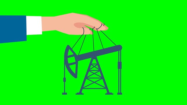 Influence of politics, business on oil production. Man manipulates an oil rig like puppeteer. Oil business. It worked at first, but then it stopped. Black gold mining. 2D animation. Alpha  channel