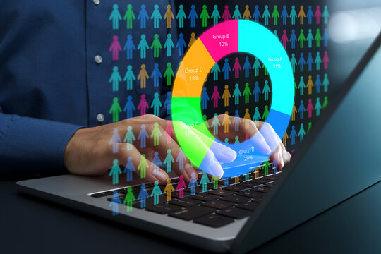 Demographic analysis. Market segmentation and target audience analytics. Businessperson using laptop computer to analyze statistical data.
