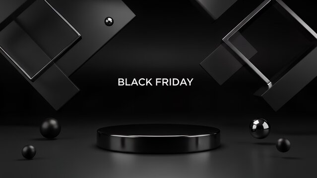 Sleek Black Friday background featuring glossy black 3D podium and metallic accents, dramatic lighting, bold commercial atmosphere, ideal for premium sale and promotion visuals.