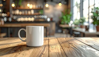 White Coffee Mug on Rustic Wooden Table in Cozy Cafe Setting.