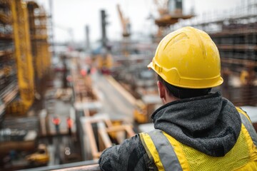 Bright yellow safety helmet with high-visibility vest on a rugged construction site