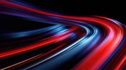 Abstract light trails, vibrant curves of red and blue on a dark background.
