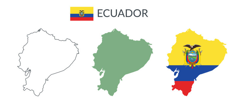 Ecuador geographical borders isolated on white background. Flag of Ecuador. Vector flat cliparts.