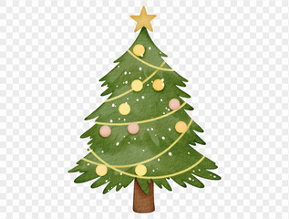 Watercolor Christmas tree illustration with ornaments for festive winter design. Vector.