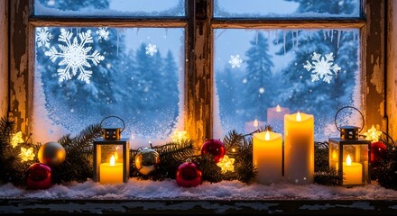 Window decorated with candles and garlands in calm snowy ambience