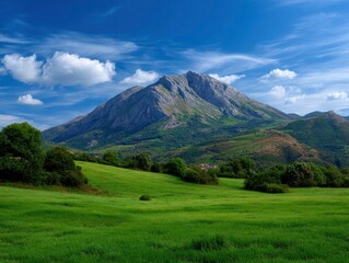 Fototapeta premium A mountain under blue skies with green hills