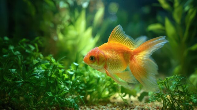 Calm aquarium scene with orange goldfish and green aquatic plants