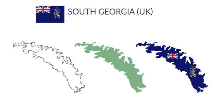 South Georgia geographical borders isolated on white background. Flag of South Georgia. Vector flat cliparts.