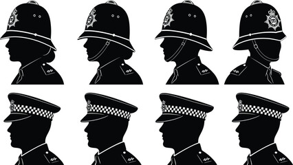 Silhouettes of police officers wearing traditional helmets and caps British police